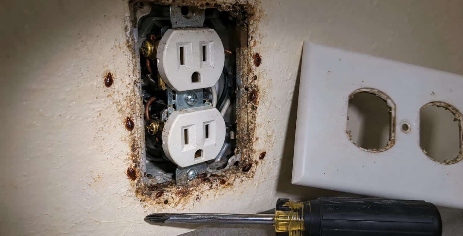 Macchie brune e cimici dei letti attorno a una presa elettrica smontata