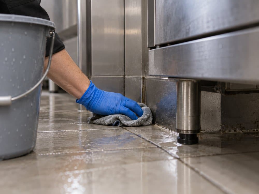 Mano con guanto che pulisce con un panno il pavimento nell angolo dietro un attrezzatura da cucina professionale