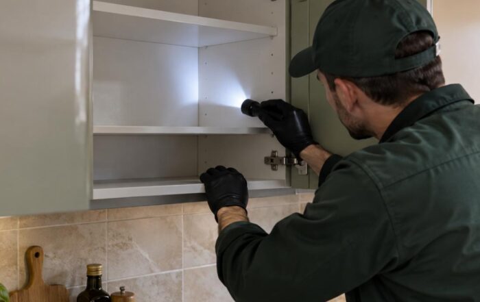 Tecnico ispeziona con una torcia l’interno di un mobile da cucina vuoto