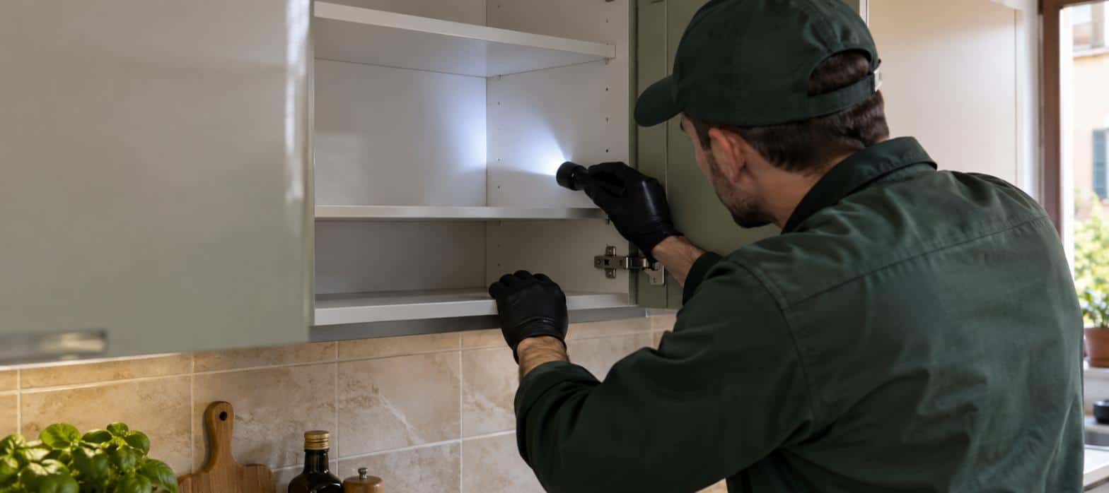 Controllo successivo con la torcia all’interno di un mobile da cucina