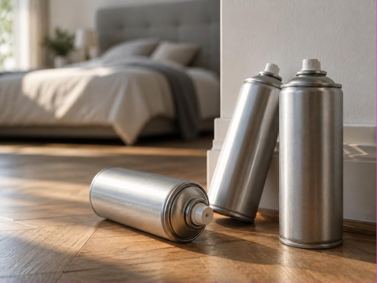 Bombolette spray insetticide sul pavimento di una camera da letto, uso ripetuto che favorisce la resistenza ai piretroidi