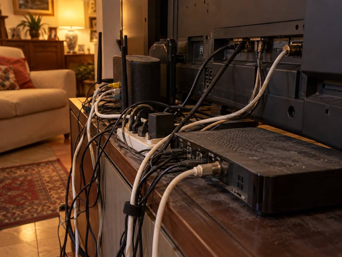 Retro di un apparecchio elettrico con cavi e polvere