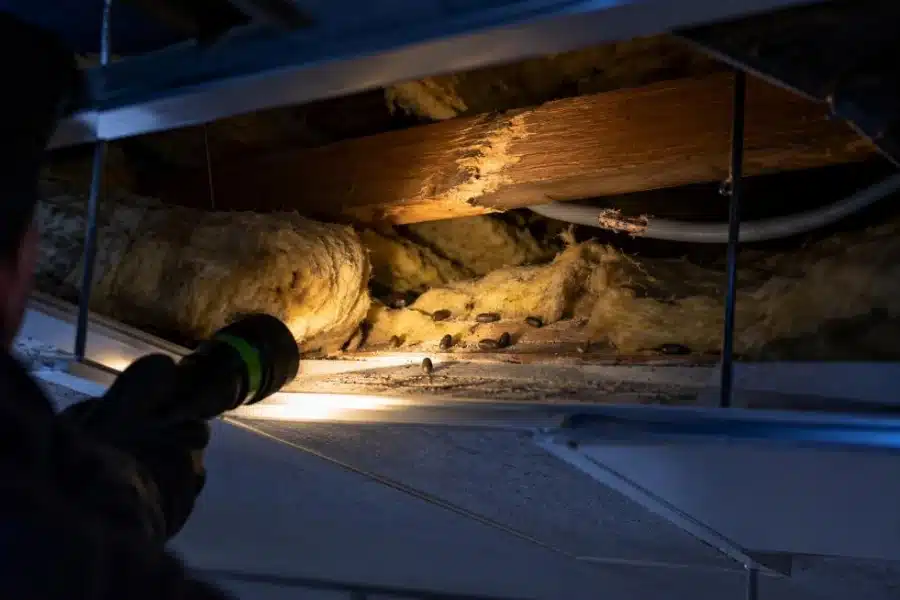 Tracce di topi in casa non trattate correttamente: escrementi e rosicchiature in un controsoffitto