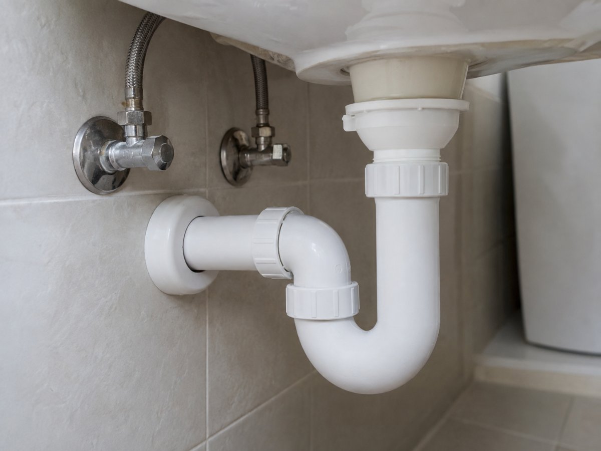 Sifone a curva in plastica bianca sotto il lavabo di un bagno