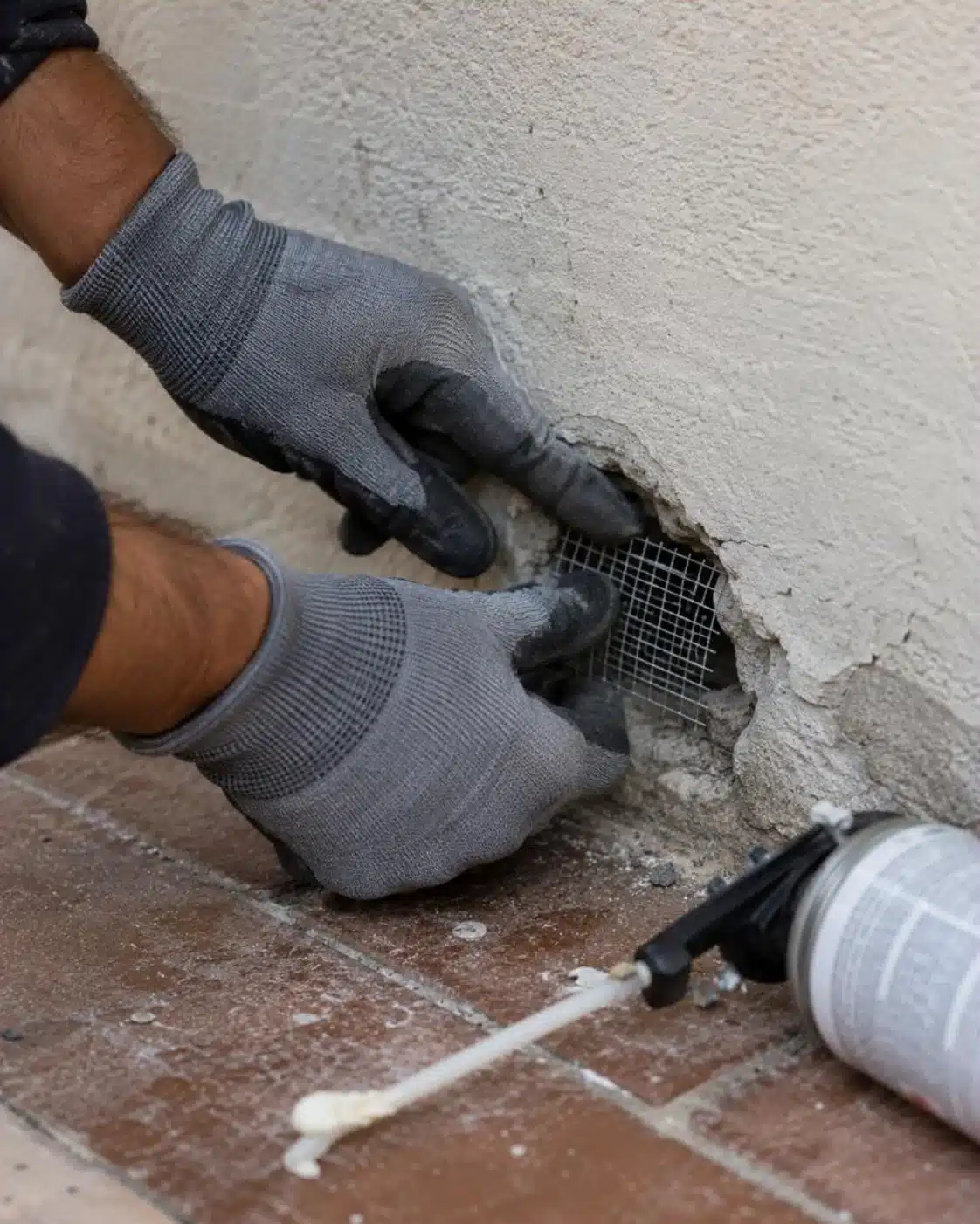 Chiusura di un varco con rete metallica antiroditore in una casa