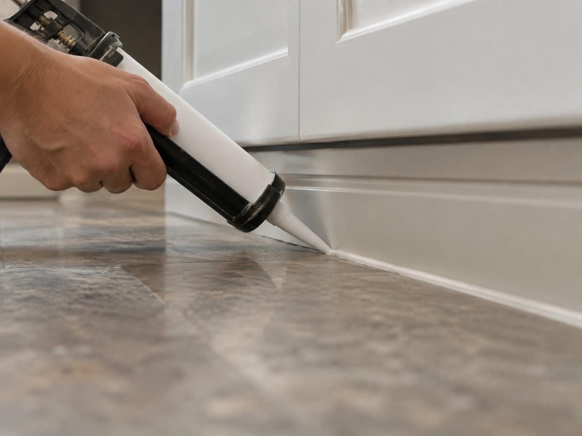 Sigillatura con silicone di una fessura lungo lo zoccolo di un mobile da cucina