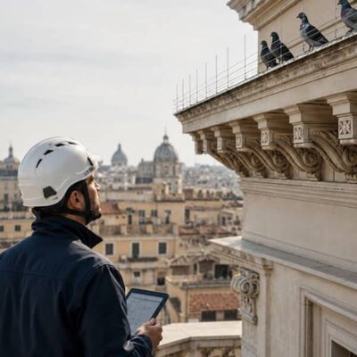 Tecnico durante il sopralluogo di un cornicione frequentato dai piccioni