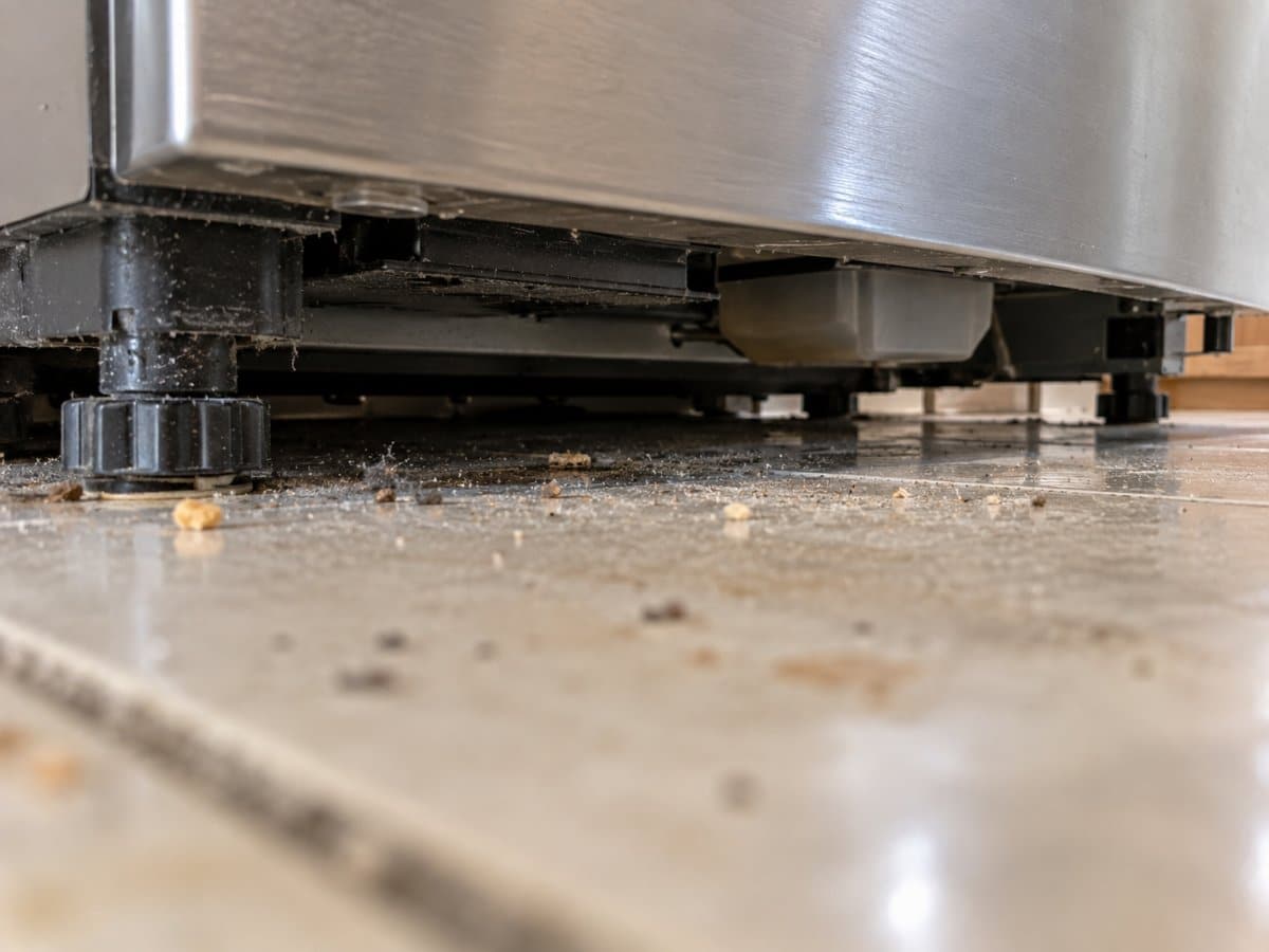 Spazio sotto un frigorifero con briciole e polvere sul pavimento