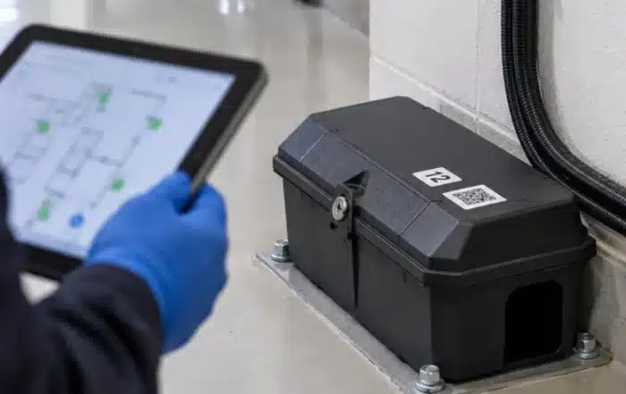 Stazione di monitoraggio professionale per roditori ancorata al pavimento, con etichetta numerata e QR code, e tecnico con la planimetria su tablet