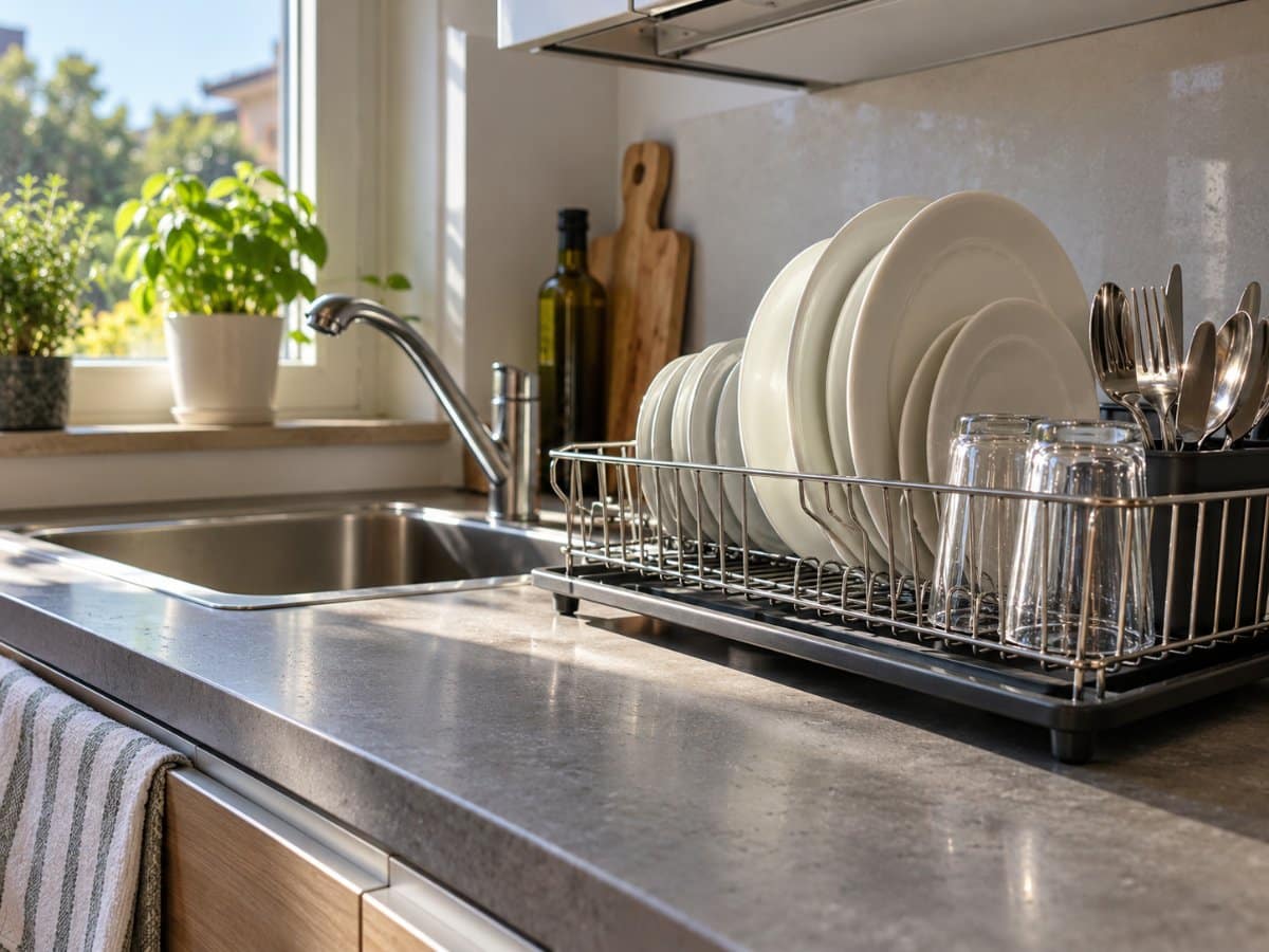 Stoviglie nello scolapiatti sul piano di una cucina