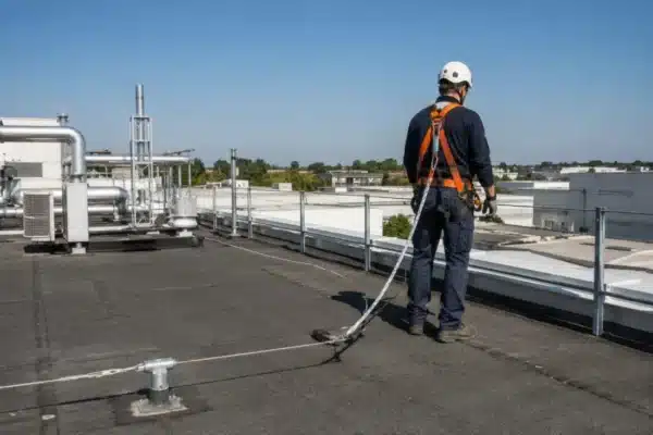 Tecnico al lavoro su copertura piana con imbracatura e linea vita