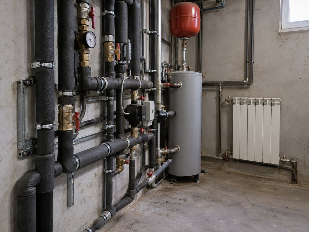 Tubi del riscaldamento e termosifone in un vano tecnico