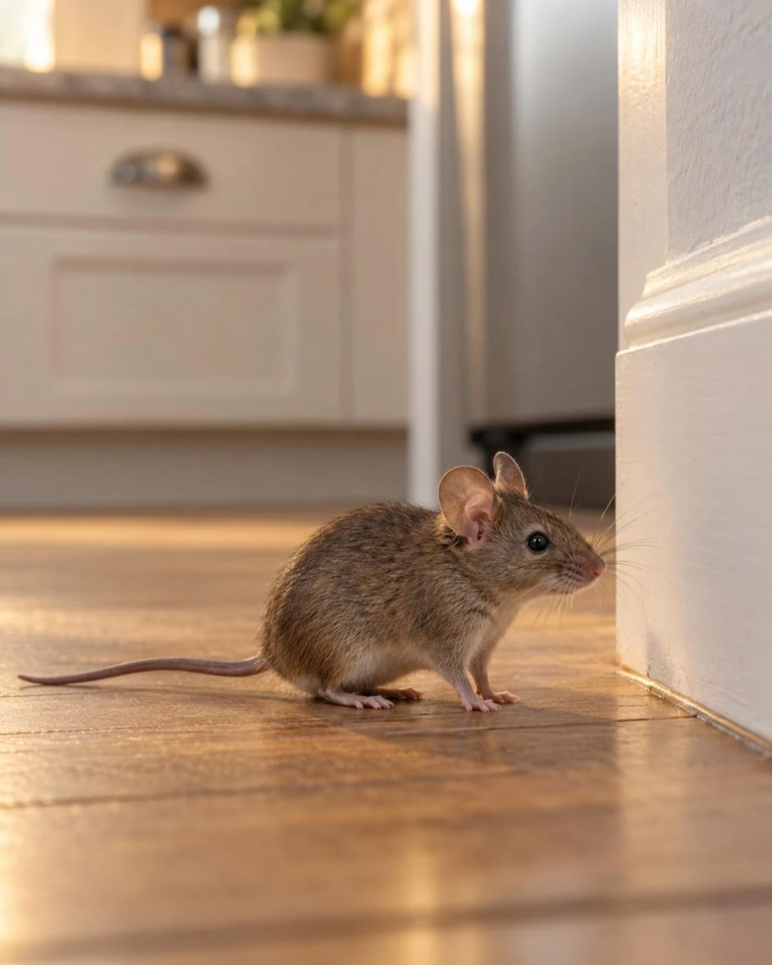 Topolino domestico di profilo sul pavimento di una cucina, accanto al battiscopa