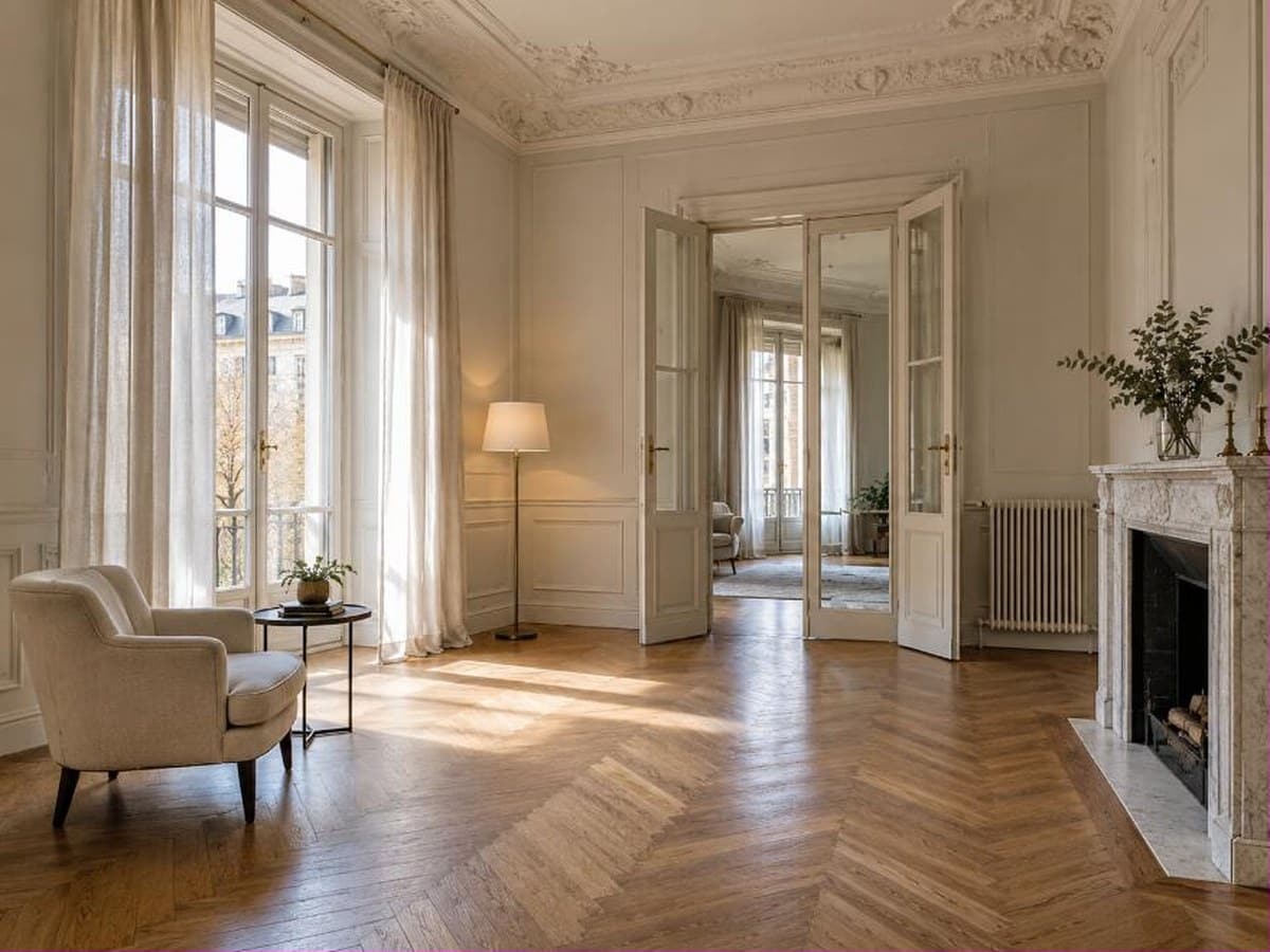 Salone di un appartamento ottocentesco a Torino con parquet a spina di pesce e camino