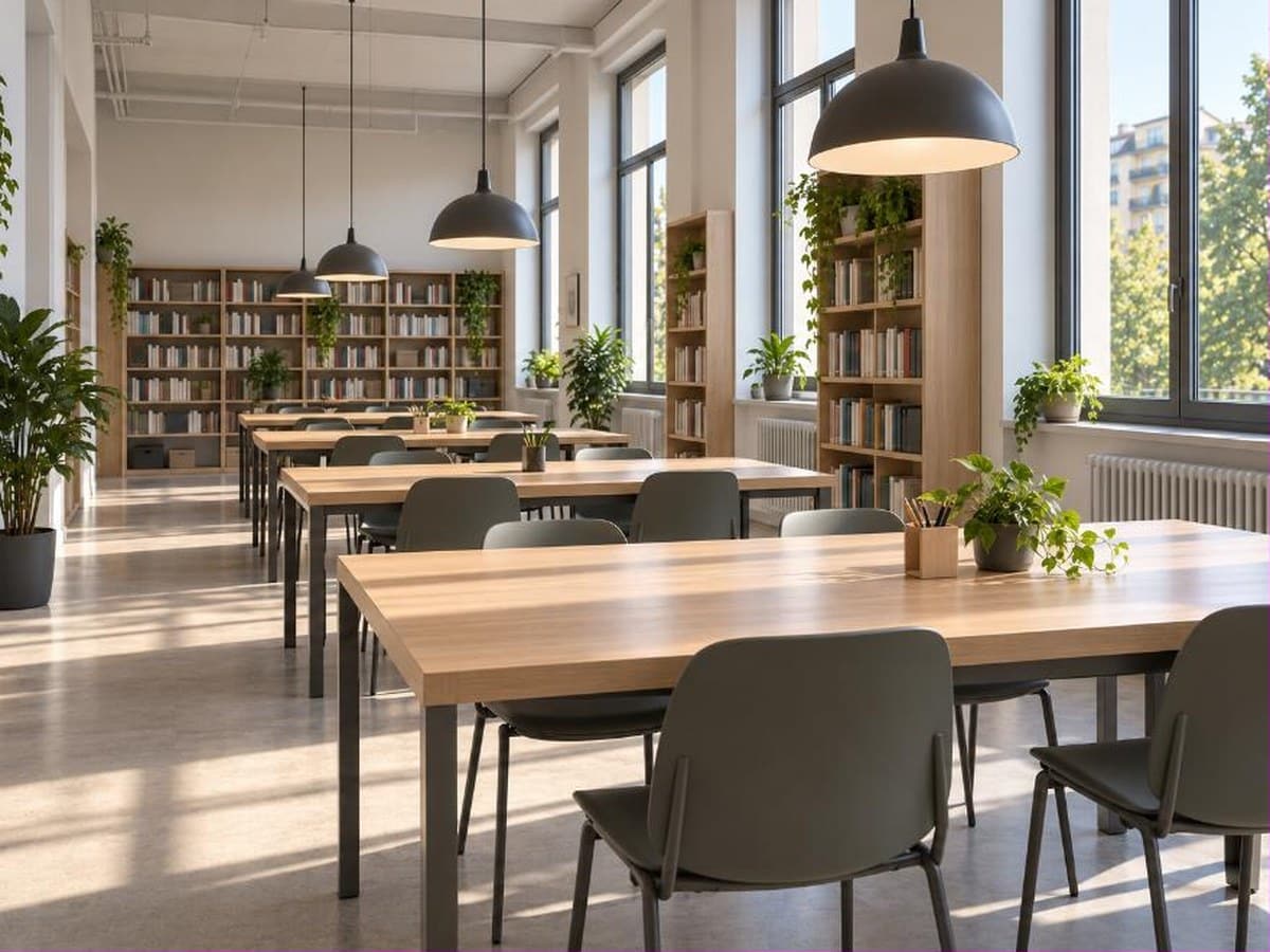 Sala studio comune di una residenza universitaria a Torino con tavoli in legno