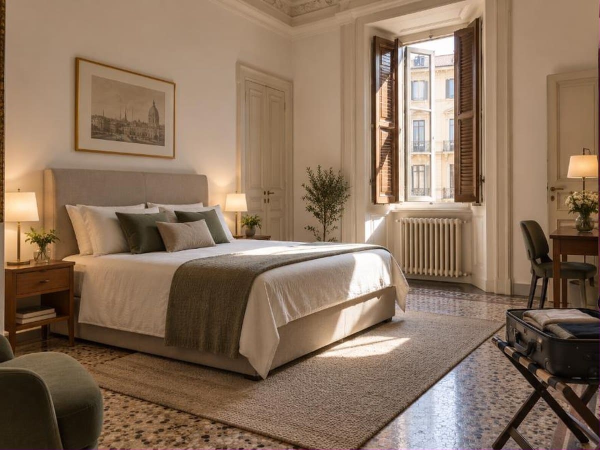 Camera di un bed and breakfast a Torino in palazzo storico con valigia aperta