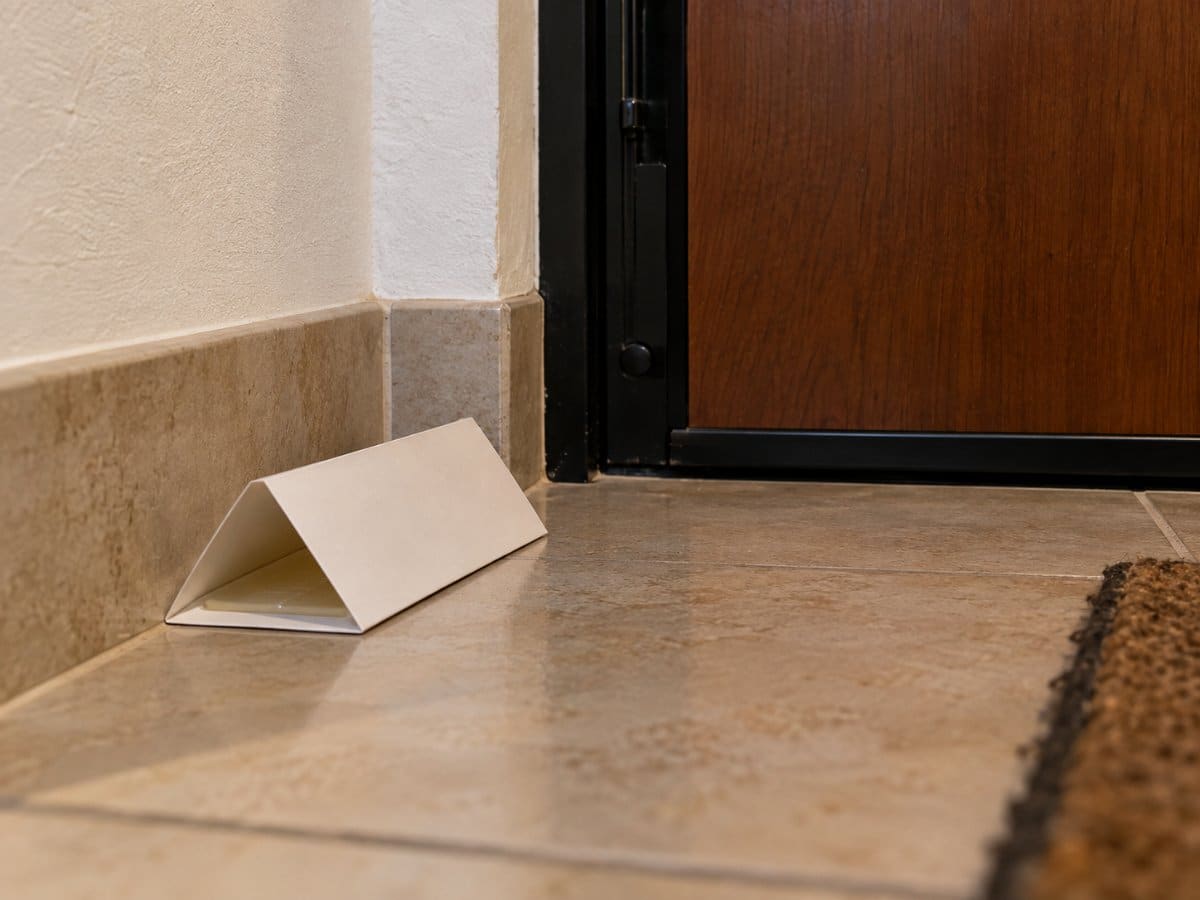 Trappola adesiva di monitoraggio appoggiata sul pavimento vicino alla porta d’ingresso