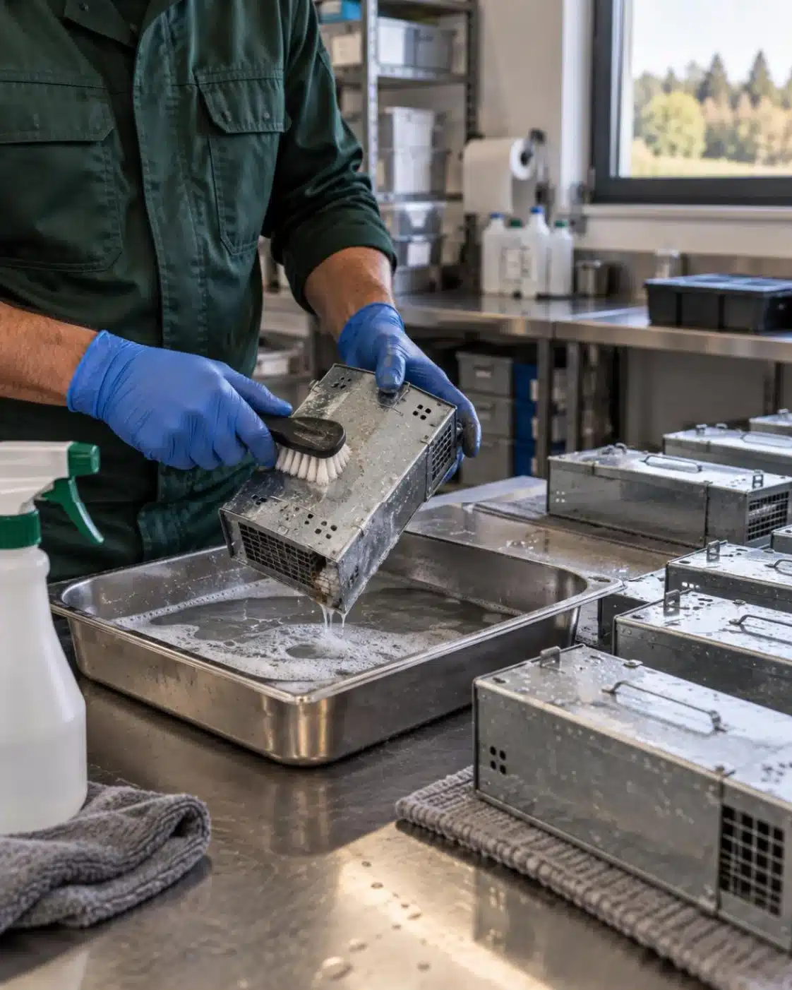 Tecnico in divisa verde pulisce e sanifica trappole multicattura riutilizzabili su un banco di lavoro in acciaio