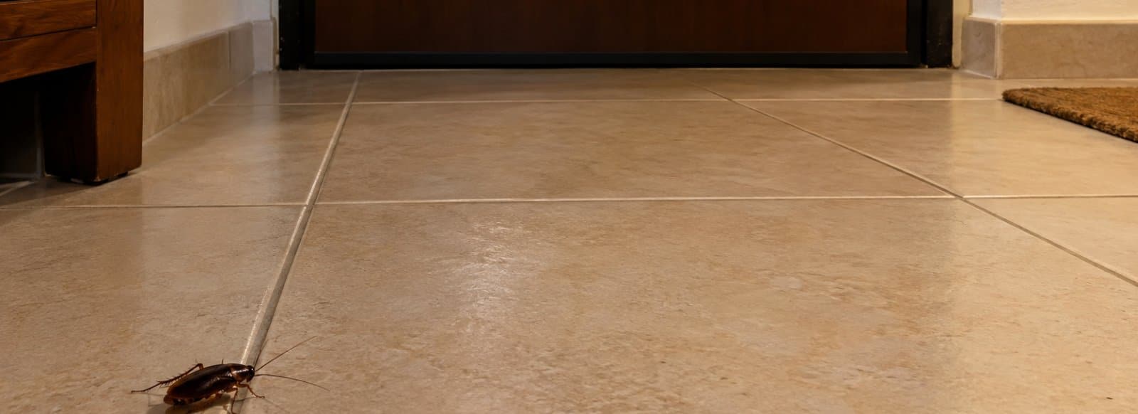 Una blatta scura sul pavimento vicino alla porta d’ingresso di casa, di sera