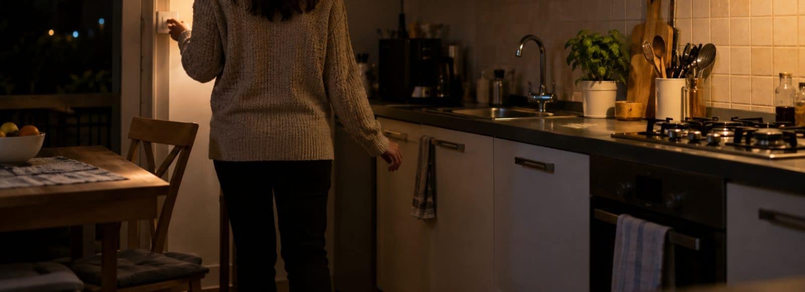 Persona che accende la luce in una cucina di notte