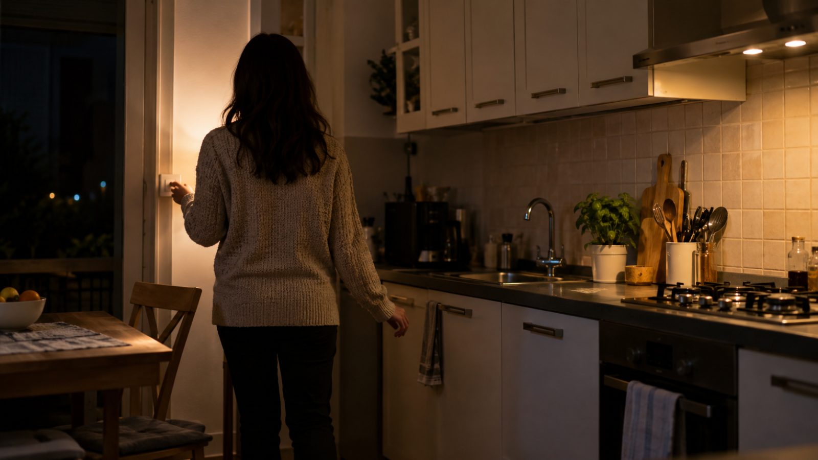 Persona che accende la luce in una cucina di notte