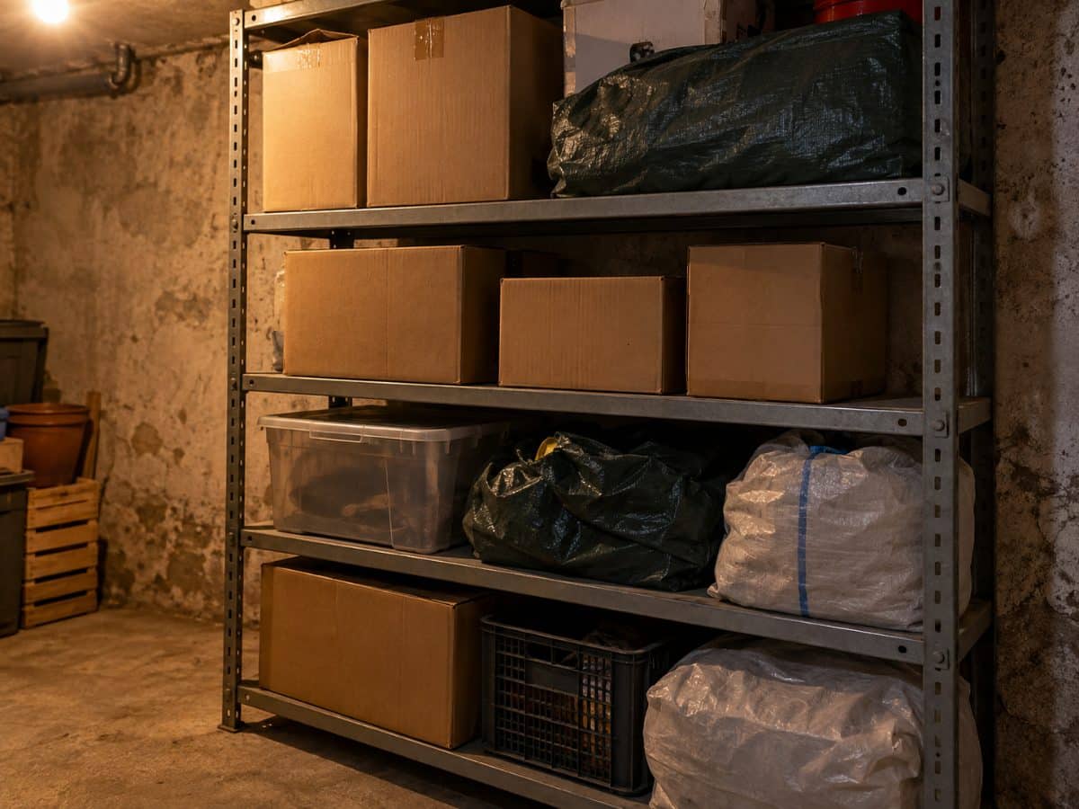 Scaffale di una cantina con scatole di cartone e sacchi impilati contro il muro