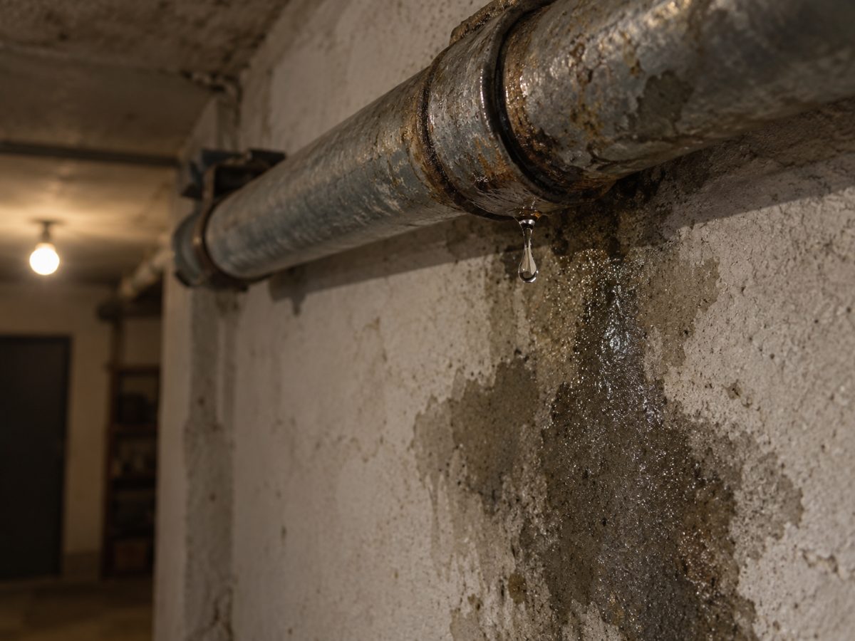 Tubo di una cantina con una goccia d’acqua e una macchia di umidità sul muro