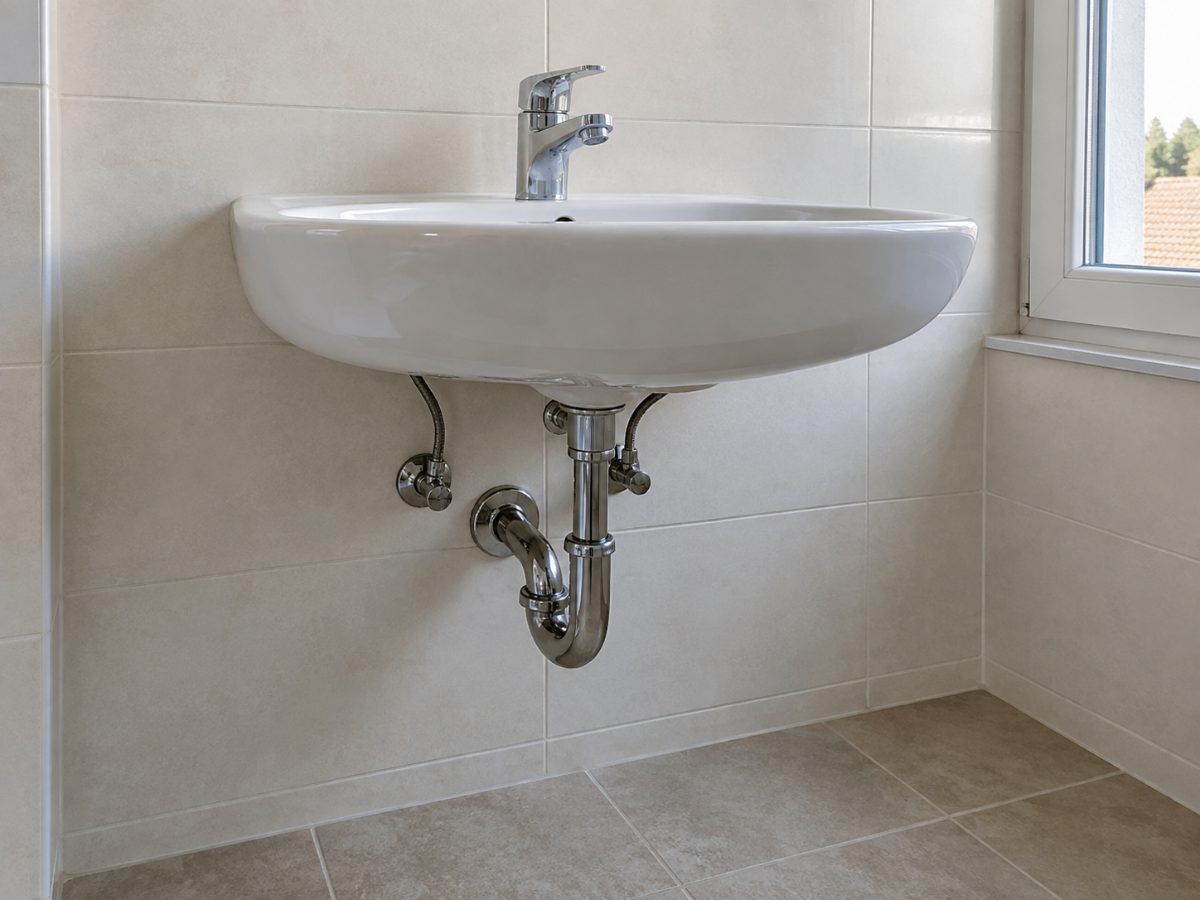 Sifone del lavabo e tubi a vista in un bagno vuoto