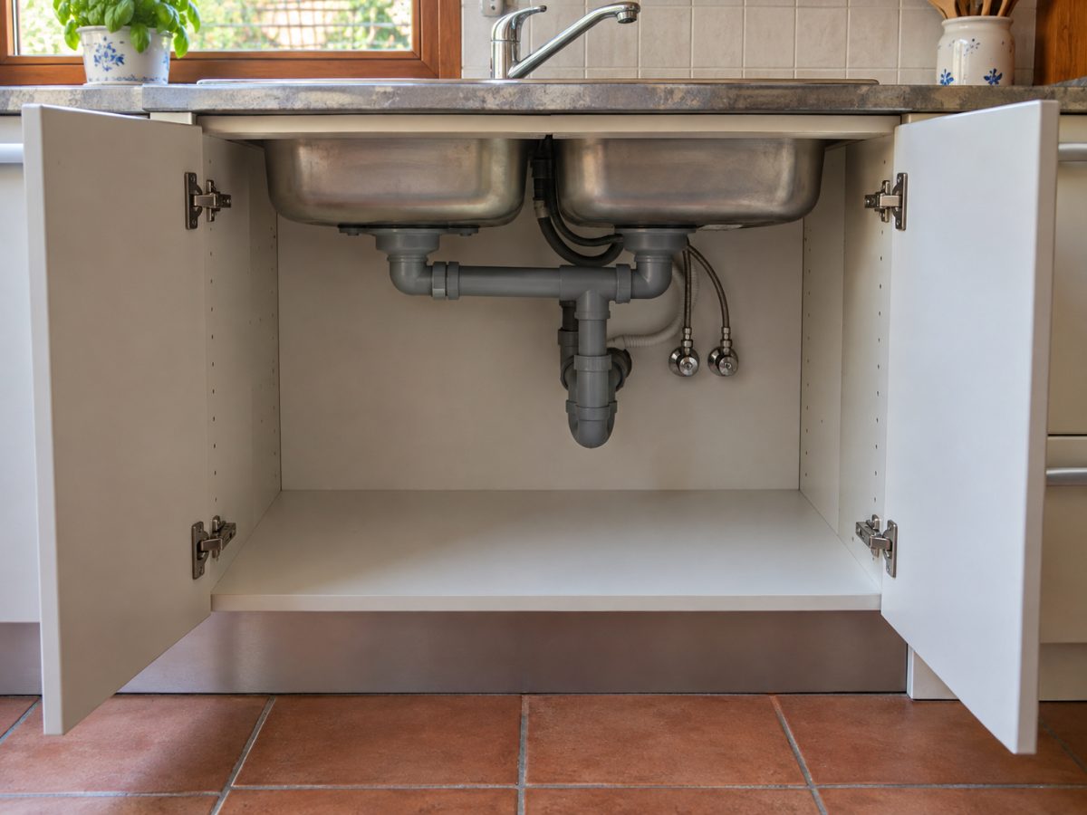 Mobile di cucina vuoto con le ante aperte sotto il lavello e tubi a vista