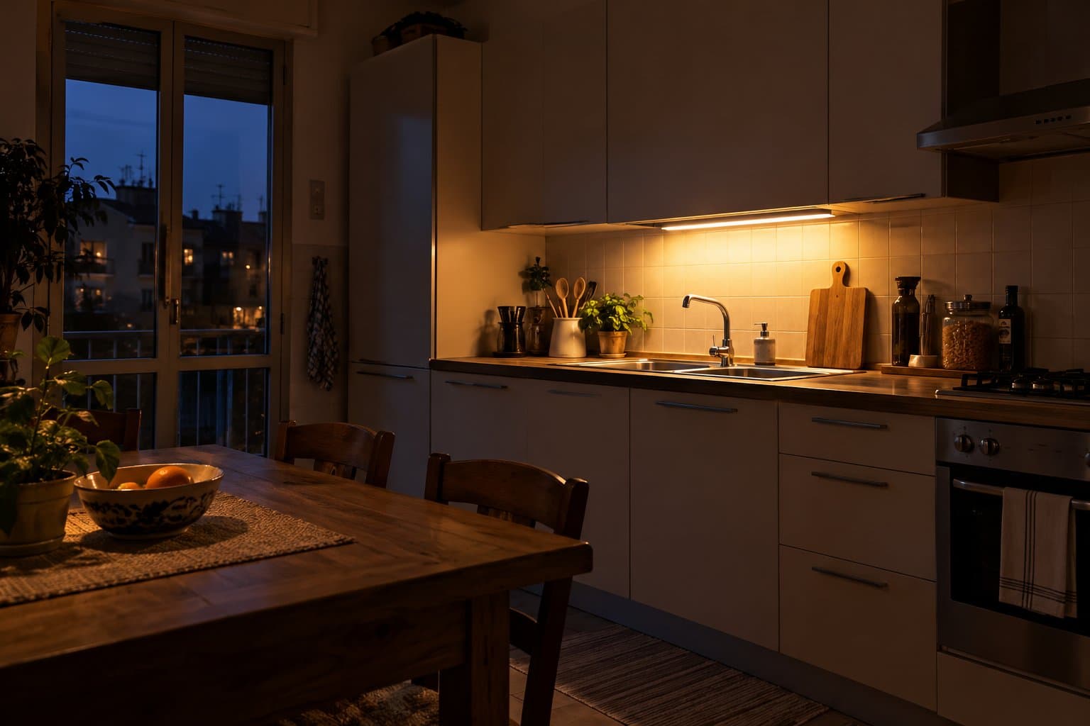 Cucina italiana di sera con una piccola luce sotto i pensili e il lavello