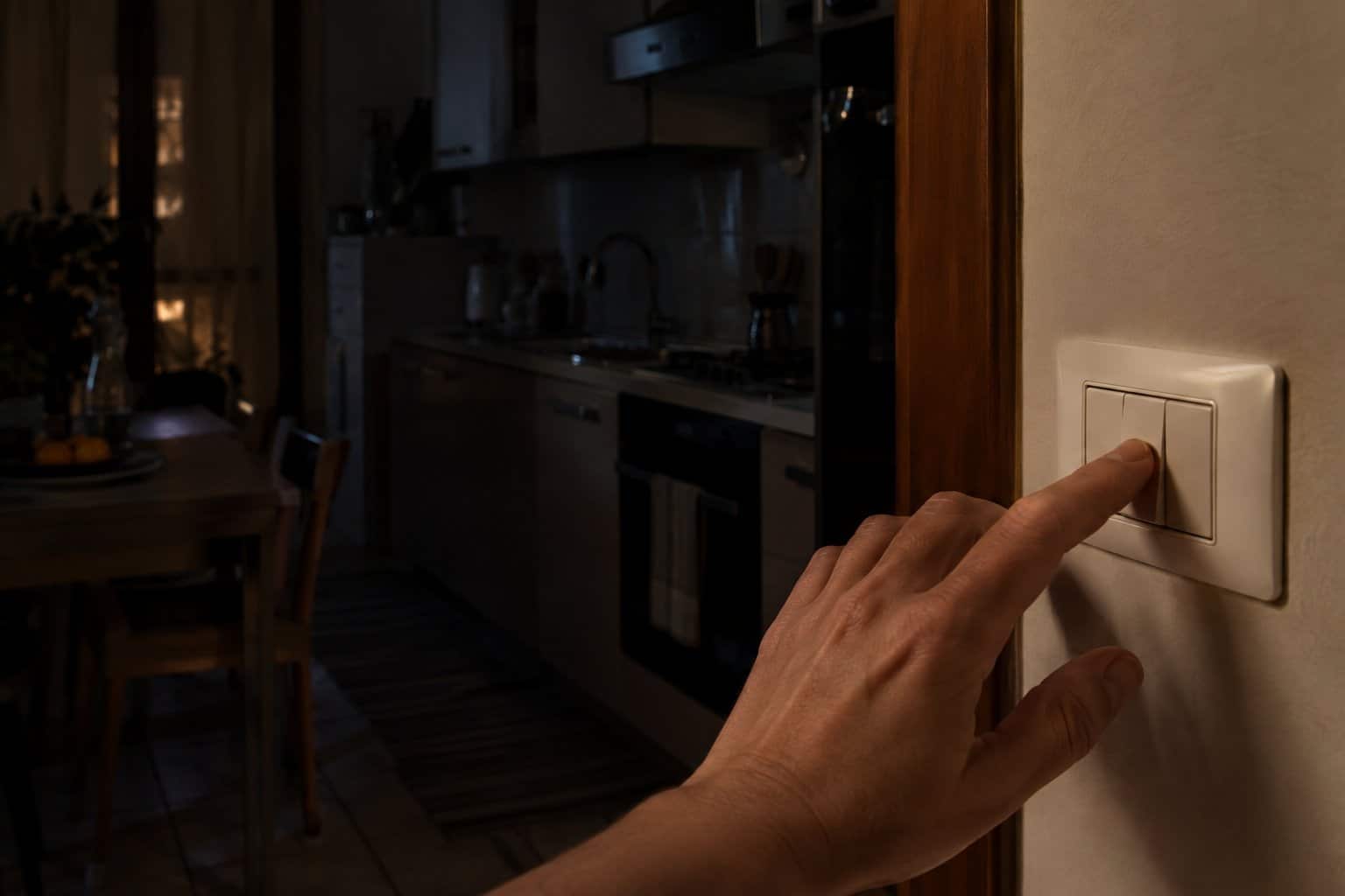 Mano che accende la luce in una cucina buia