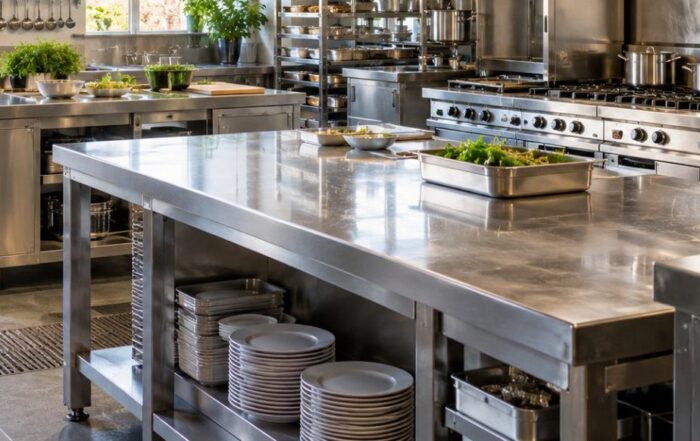 Cucina professionale in acciaio inox pulita e ordinata