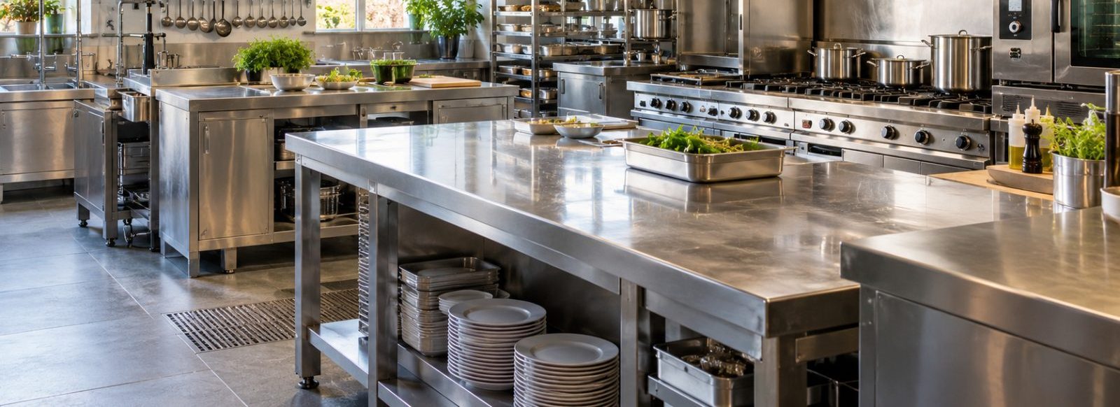 Cucina professionale in acciaio inox pulita e ordinata