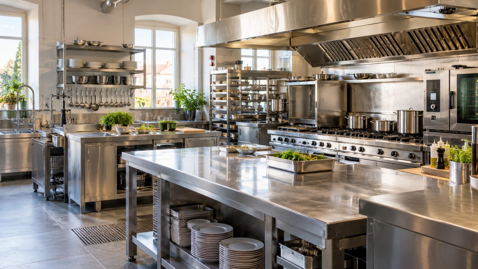 Cucina professionale in acciaio inox pulita e ordinata
