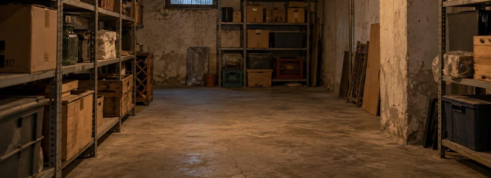 Cantina di un condominio italiano con scaffali, scatole e un tubo di scarico sul soffitto