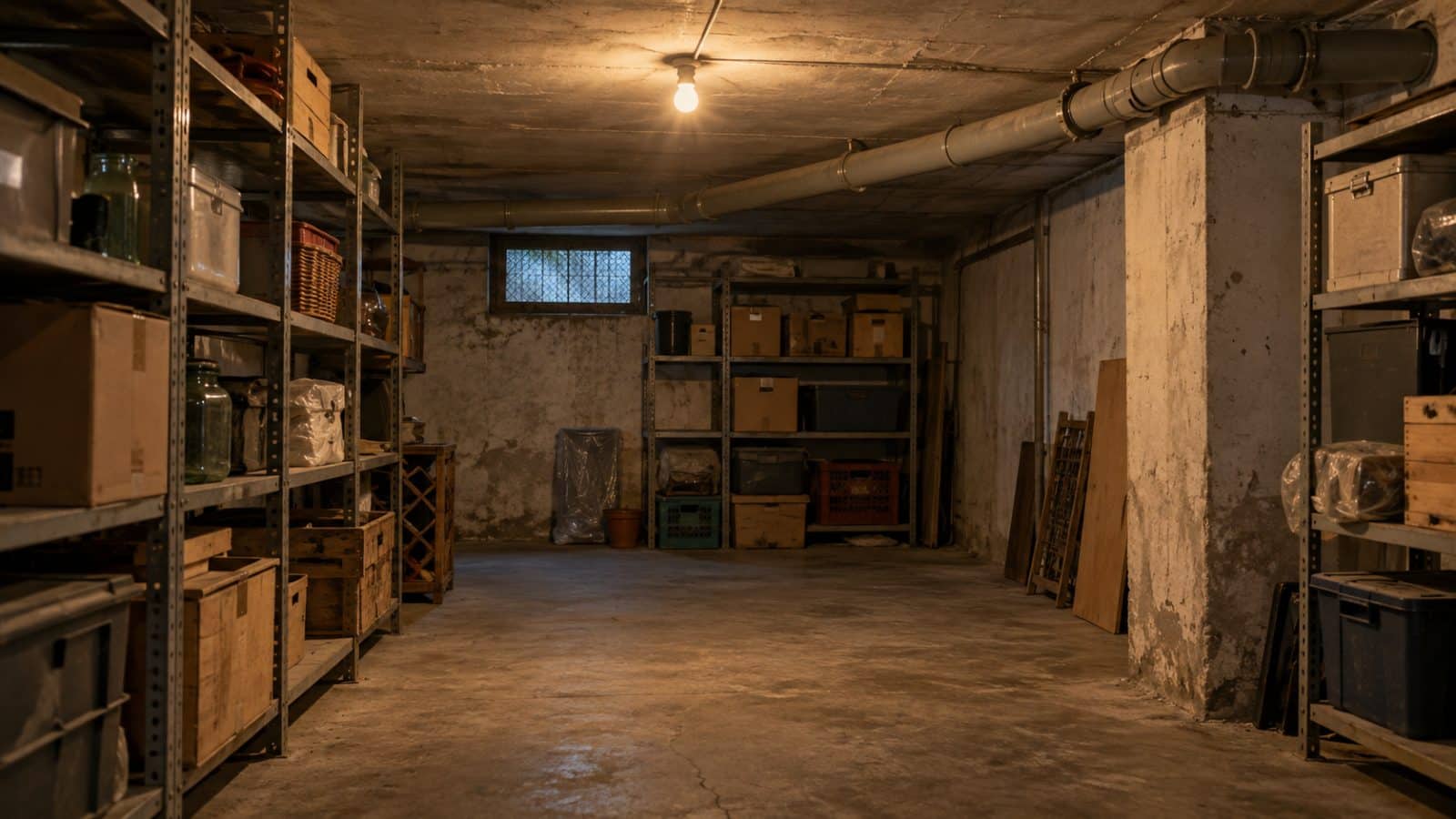 Cantina di un condominio italiano con scaffali, scatole e un tubo di scarico sul soffitto