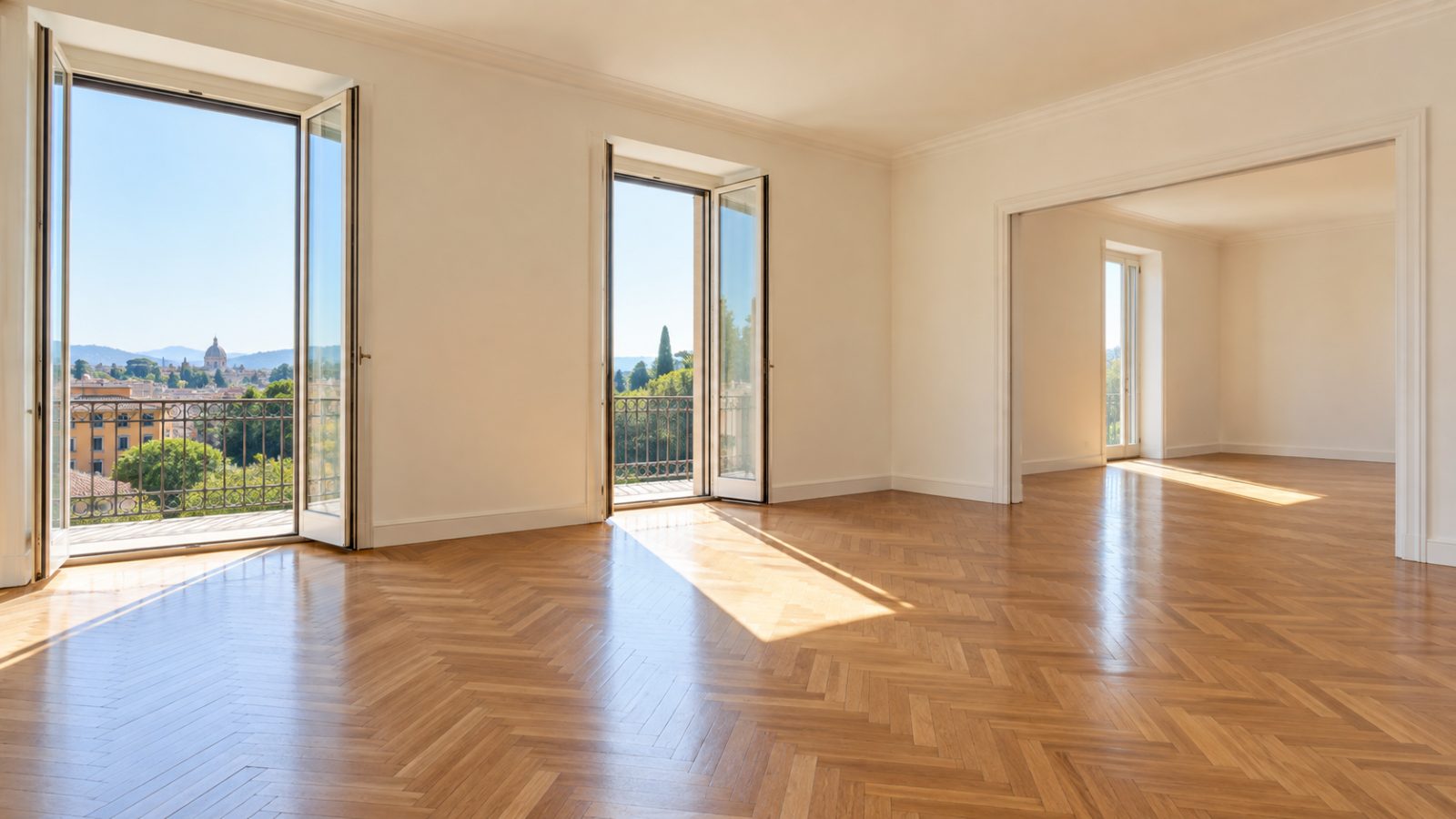 Appartamento italiano vuoto e luminoso con parquet e finestre