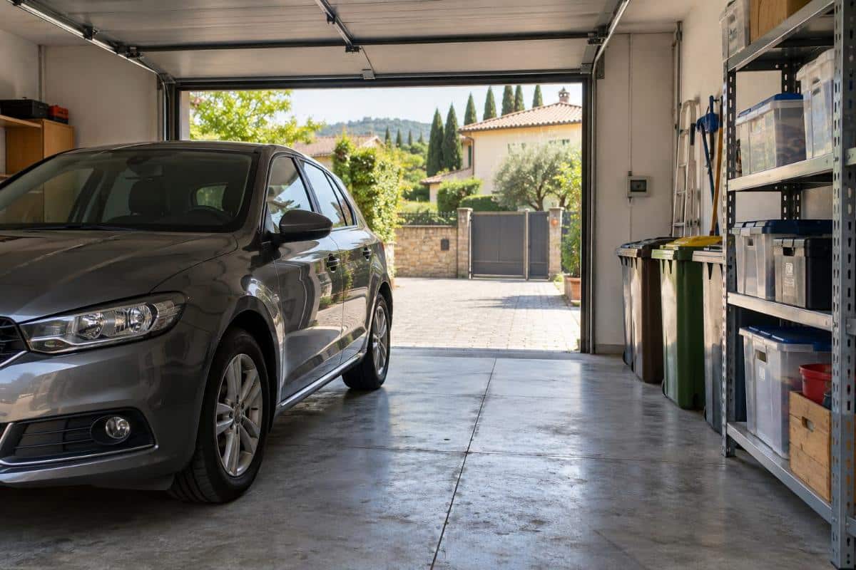 Garage domestico in ordine con auto, bidoni chiusi e scaffale con scatole di plastica