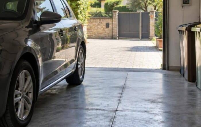 Garage domestico con auto parcheggiata, bidoni e scaffali visto dalla porta aperta