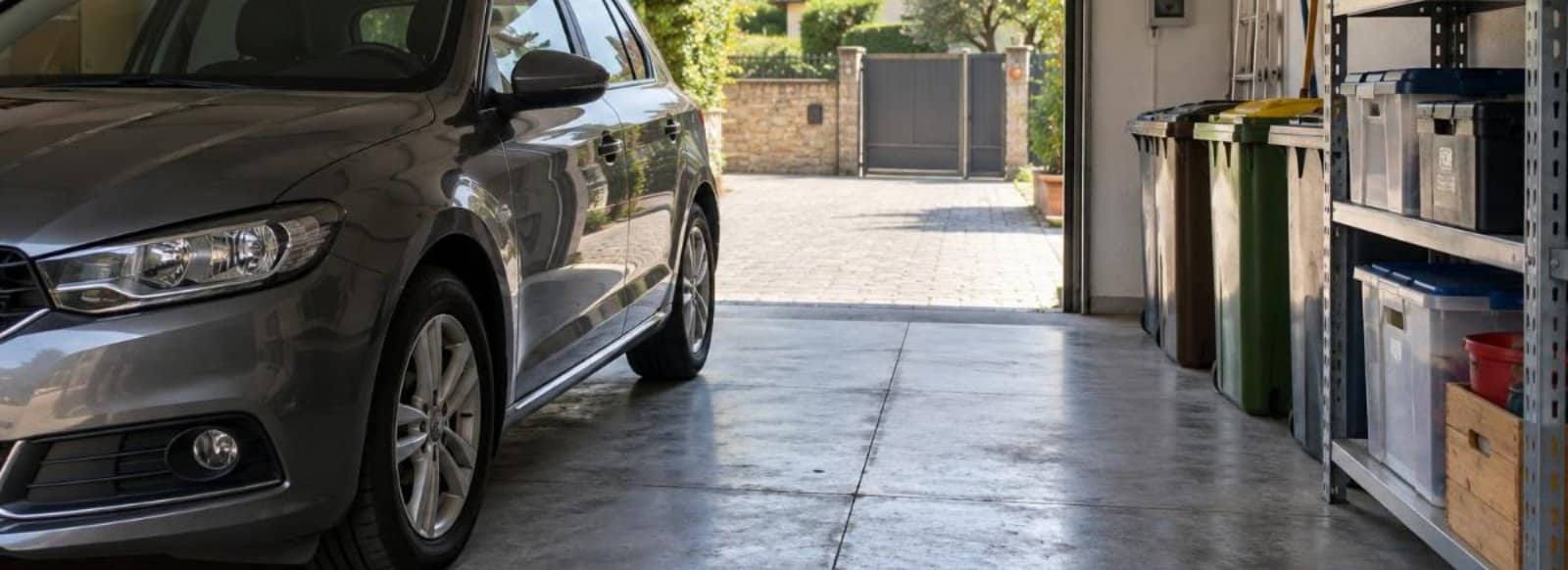 Garage domestico con auto parcheggiata, bidoni e scaffali visto dalla porta aperta
