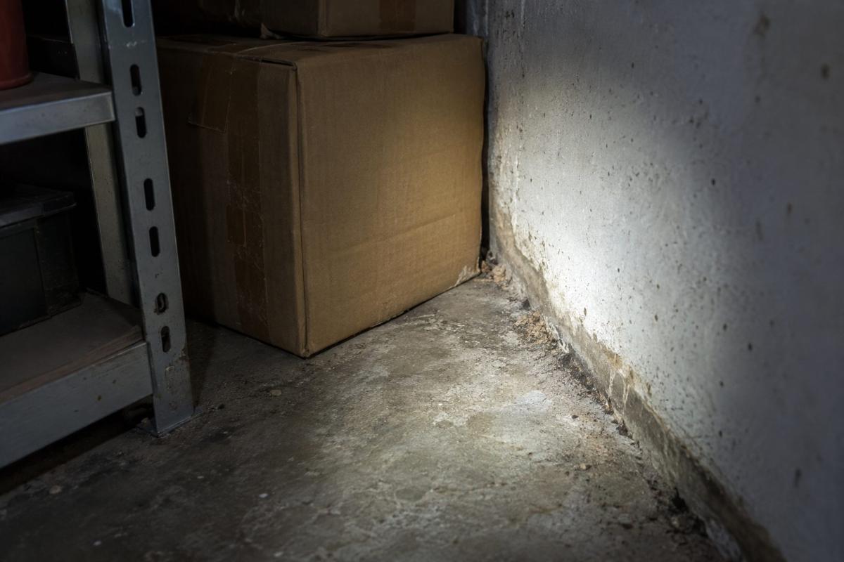 Scaffale di un garage con scatoloni di cartone appoggiati a terra e un angolo fra scatolone e muro