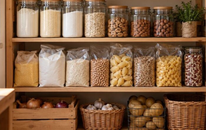 Dispensa domestica con scaffali di legno, barattoli, pasta e farina