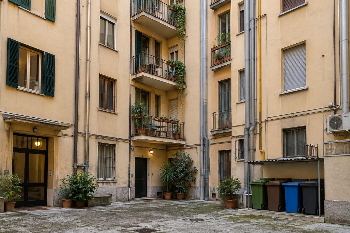 Cortile interno di un condominio con cavedio e area rifiuti
