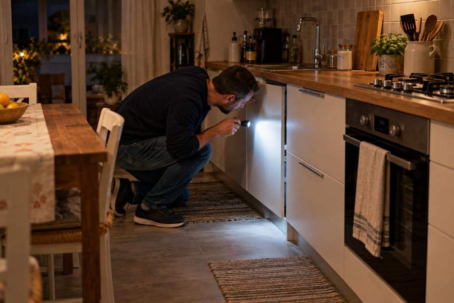 Persona controlla con una torcia dietro i mobili della cucina di sera