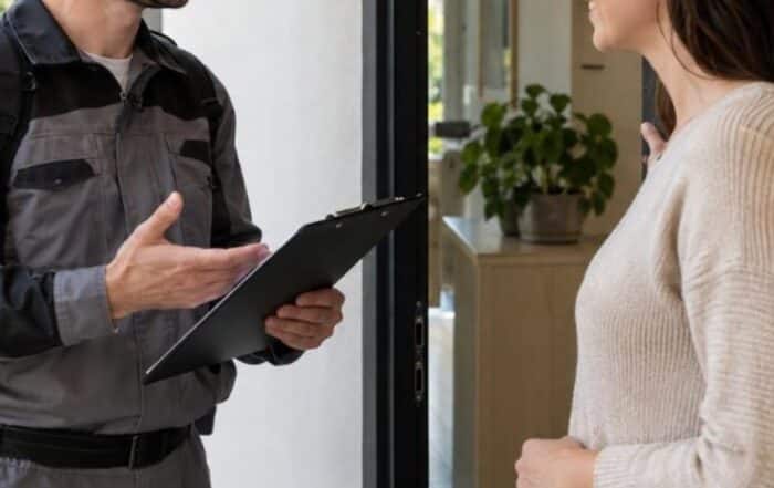 Un tecnico disinfestatore parla con un cliente sulla porta di un appartamento