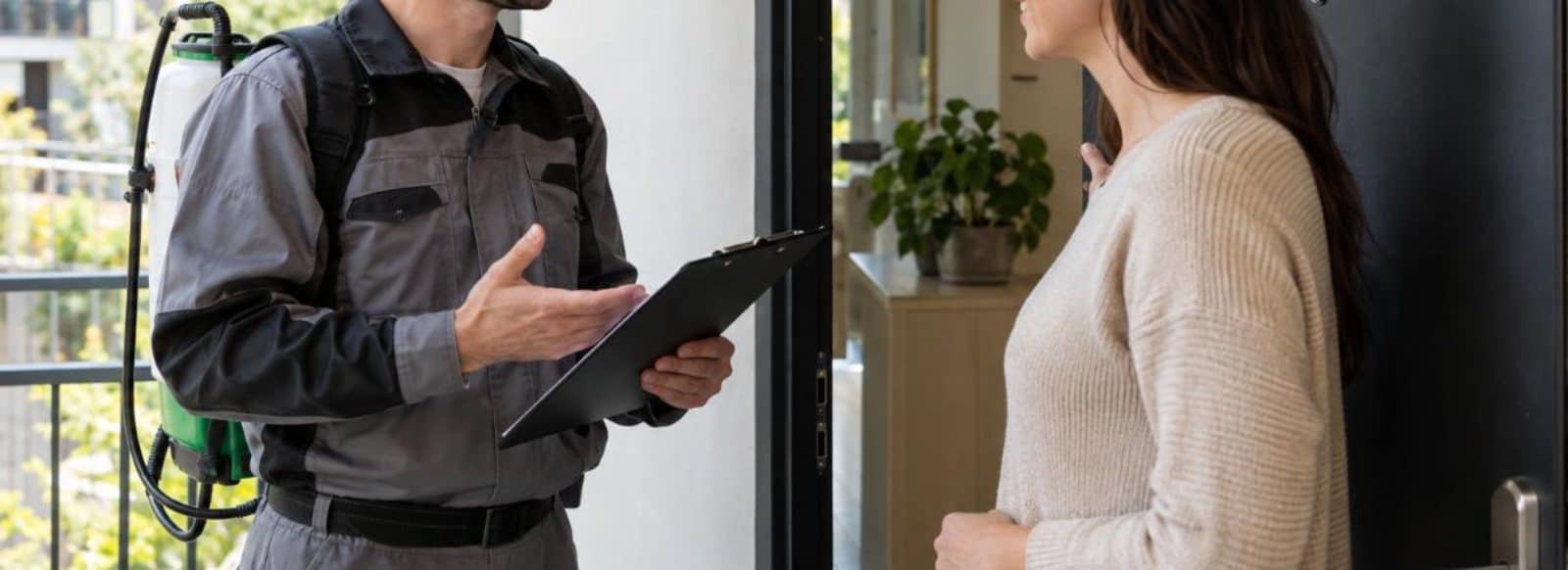 Un tecnico disinfestatore parla con un cliente sulla porta di un appartamento
