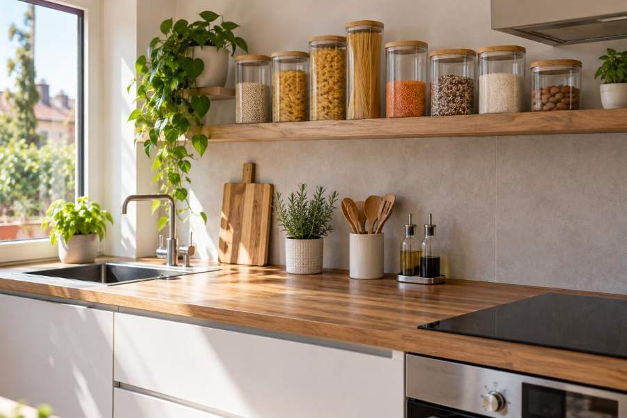 Cucina ordinata con contenitori ermetici e piano di lavoro sgombro