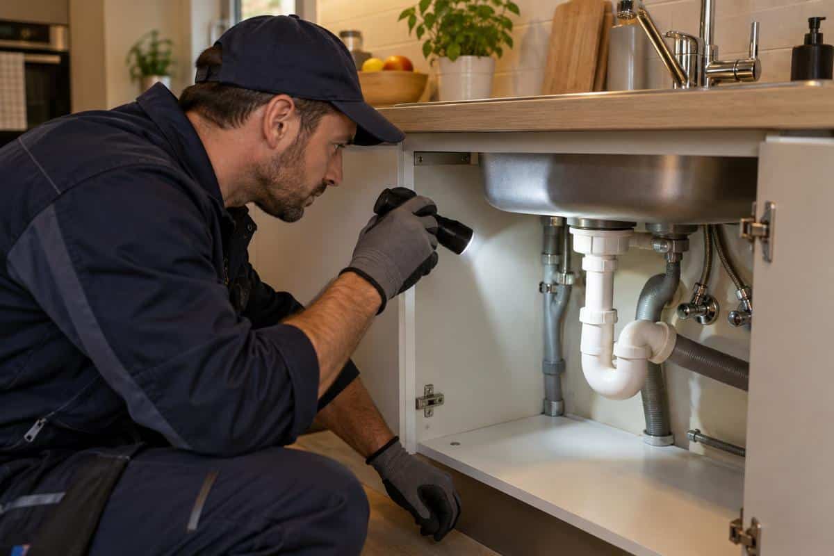 Tecnico con guanti e torcia ispeziona il mobile sotto il lavello