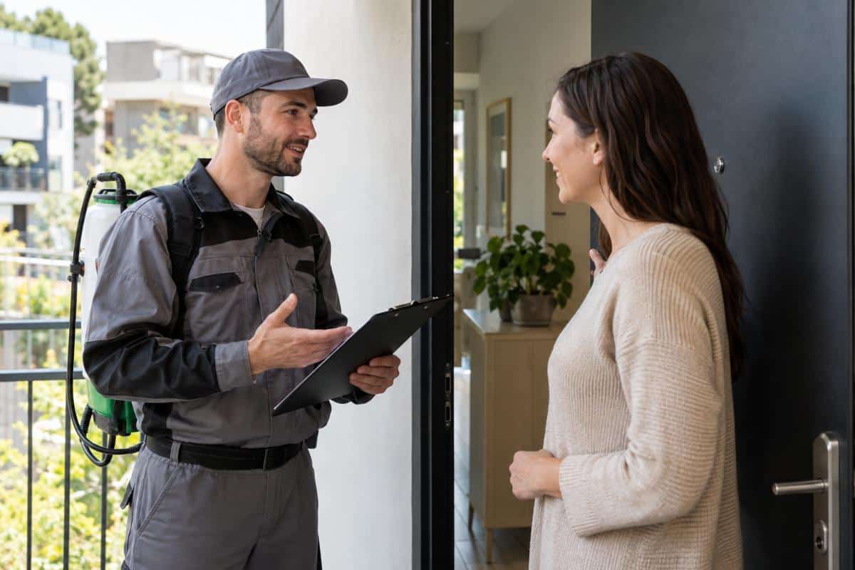 Un tecnico disinfestatore in divisa parla con un cliente sulla porta di casa
