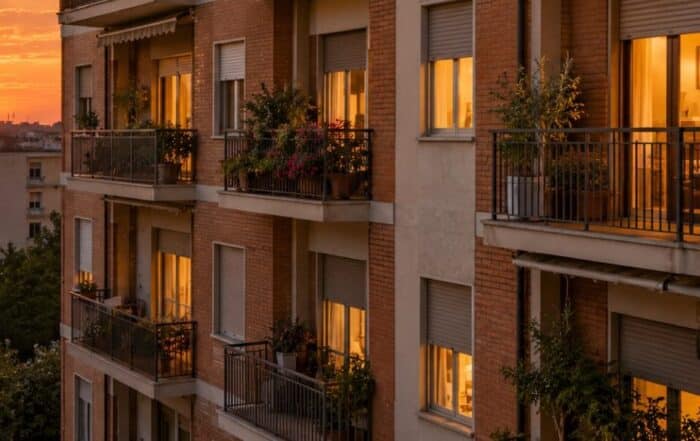 Facciata di un condominio italiano al tramonto con balconi affiancati e finestre illuminate